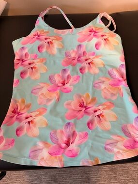 Hapari Aqua Floral Swim Tankini with Pink and Peach Blooms